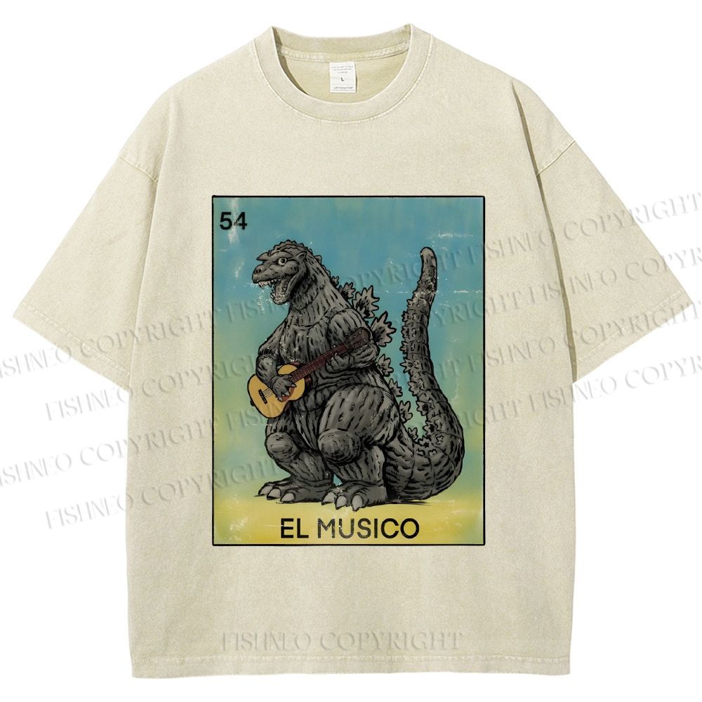 Unisex Silly Godzilla Play the Guitar El Musico Printed Washed Tee