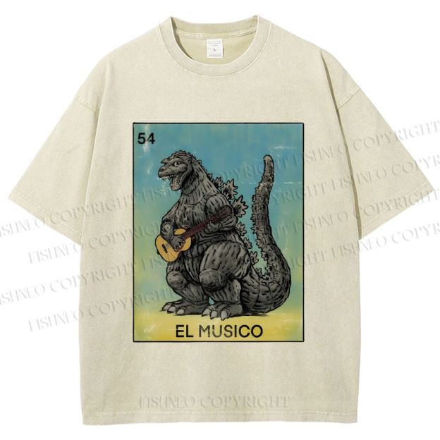 Unisex Silly Godzilla Play the Guitar El Musico Printed Washed Tee