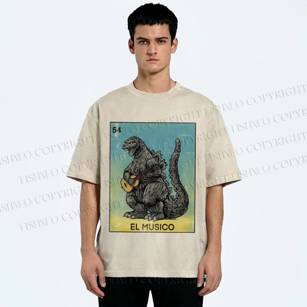 Unisex Silly Godzilla Play the Guitar El Musico Printed Washed Tee