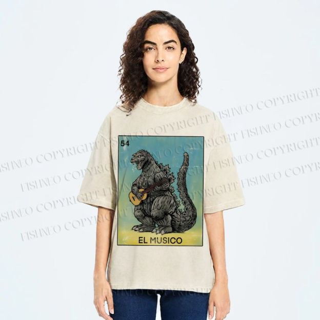 Unisex Silly Godzilla Play the Guitar El Musico Printed Washed Tee