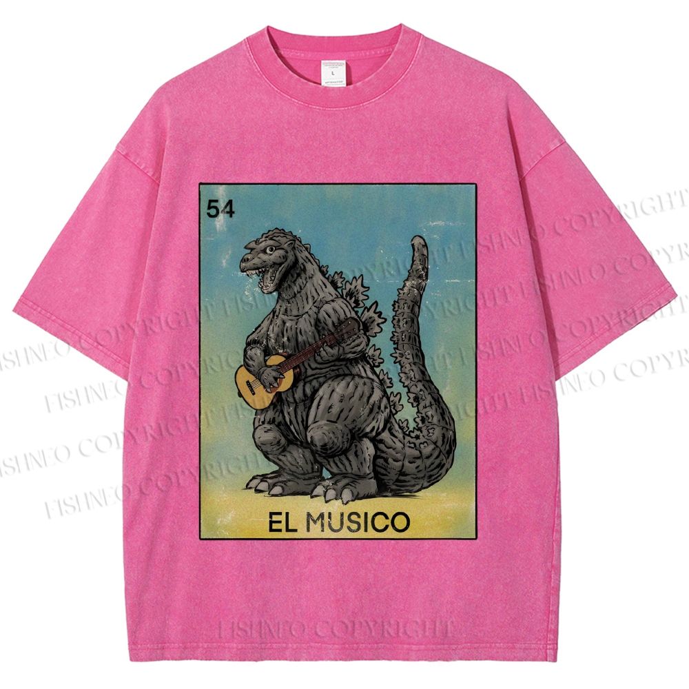Unisex Silly Godzilla Play the Guitar El Musico Printed Washed Tee