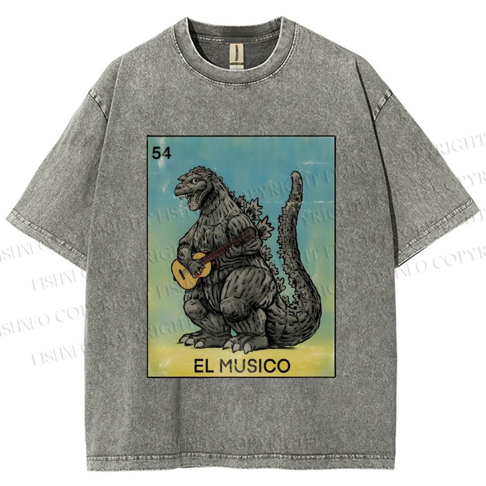 Unisex Silly Godzilla Play the Guitar El Musico Printed Washed Tee
