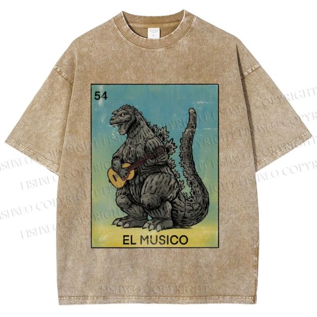Unisex Silly Godzilla Play the Guitar El Musico Printed Washed Tee