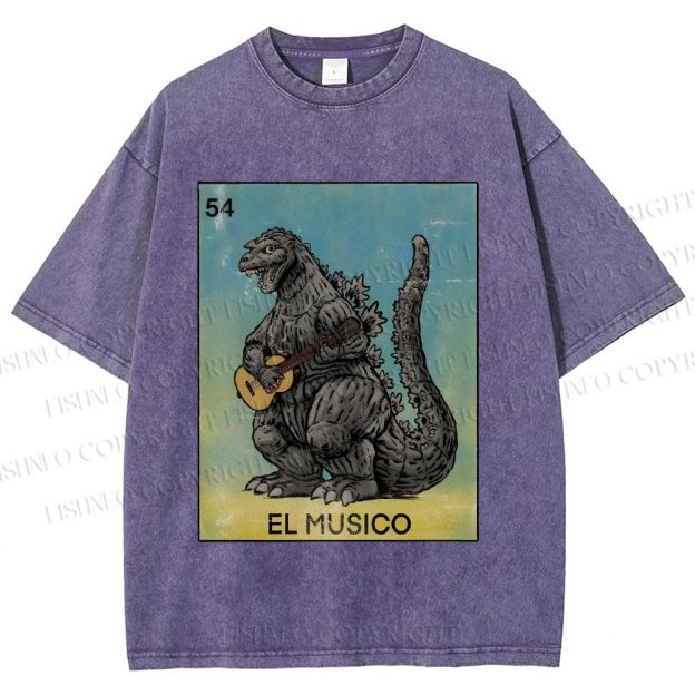 Unisex Silly Godzilla Play the Guitar El Musico Printed Washed Tee