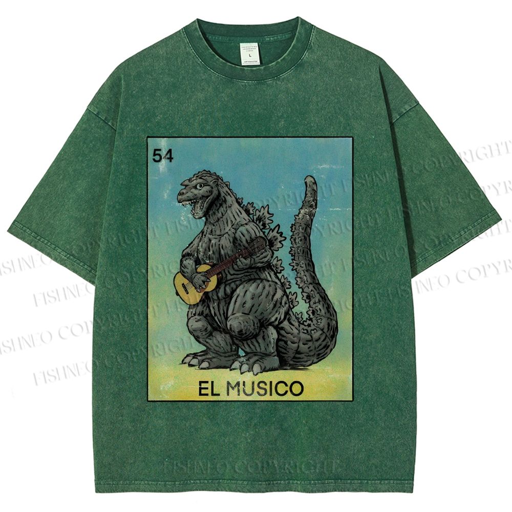 Unisex Silly Godzilla Play the Guitar El Musico Printed Washed Tee