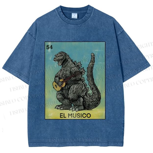 Unisex Silly Godzilla Play the Guitar El Musico Printed Washed Tee