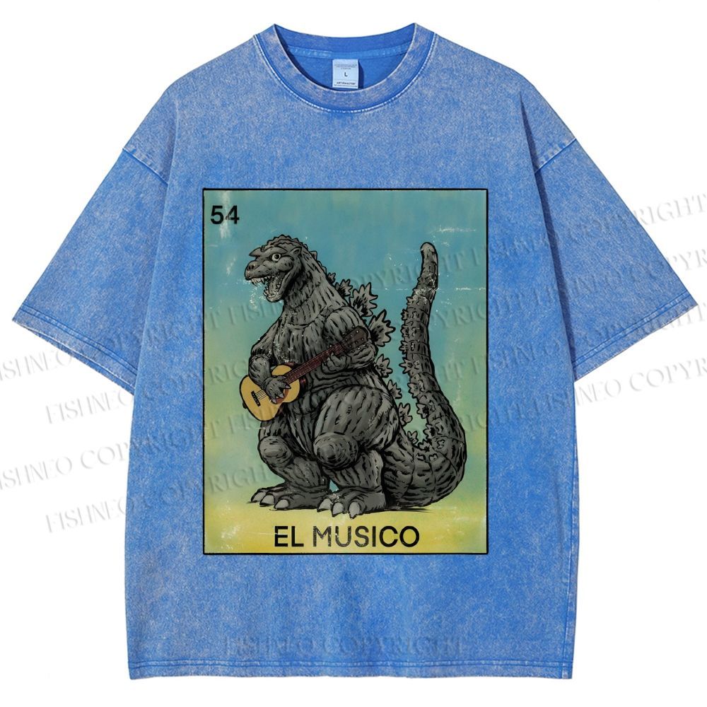 Unisex Silly Godzilla Play the Guitar El Musico Printed Washed Tee