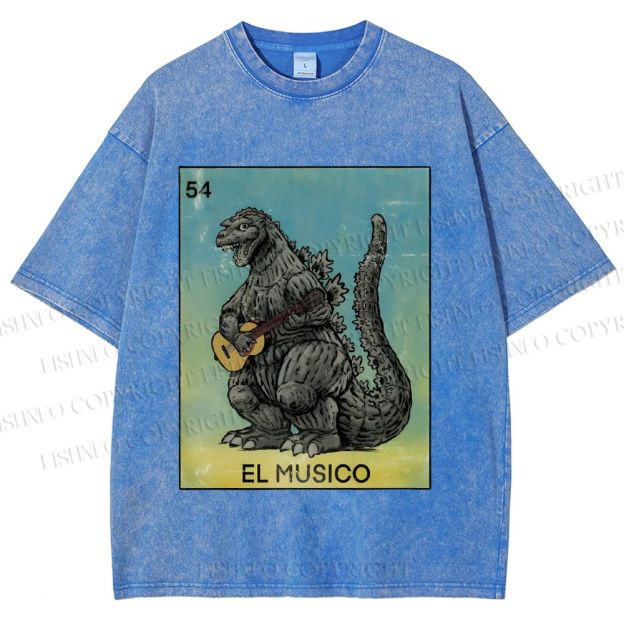 Unisex Silly Godzilla Play the Guitar El Musico Printed Washed Tee