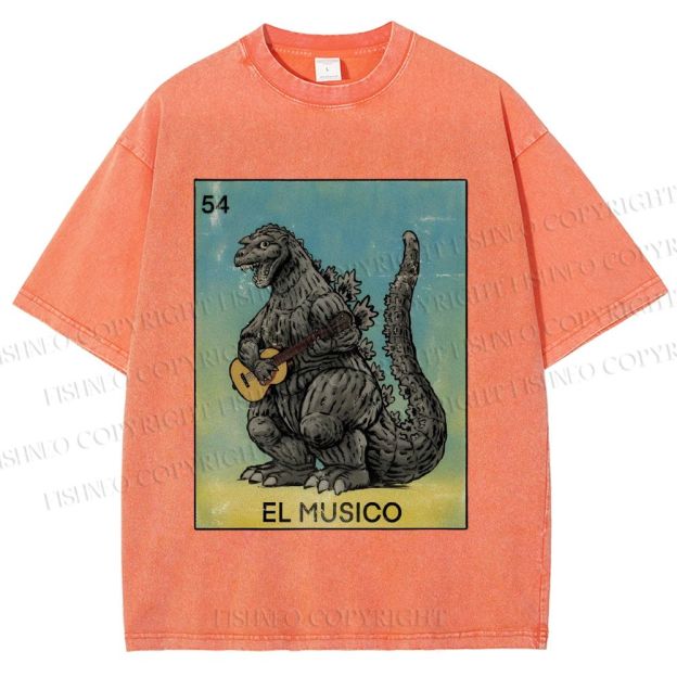 Unisex Silly Godzilla Play the Guitar El Musico Printed Washed Tee