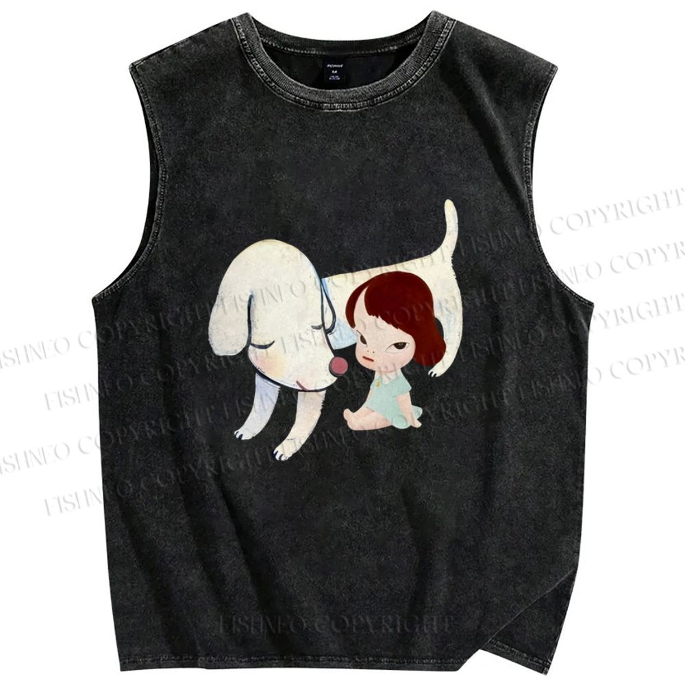 Unisex Yoshitomo Nara White Dog Printed Washed Tank Top