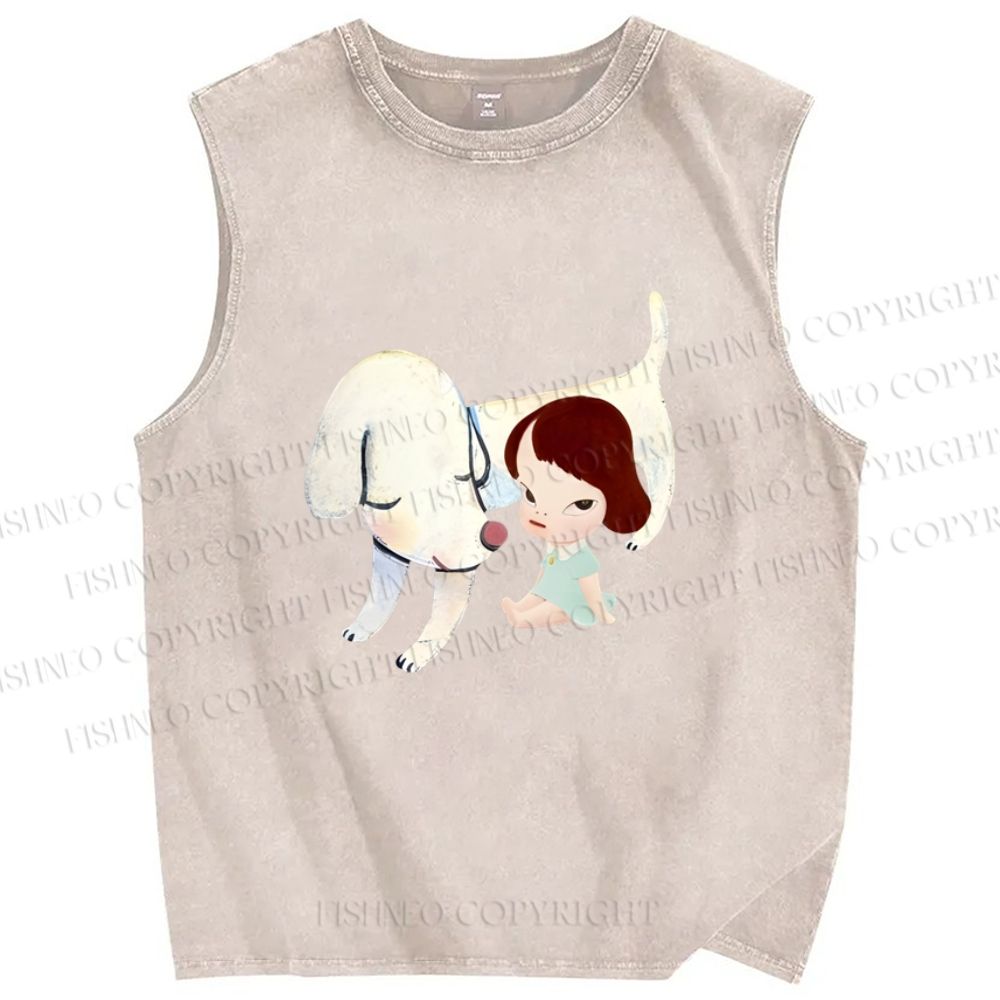 Unisex Yoshitomo Nara White Dog Printed Washed Tank Top