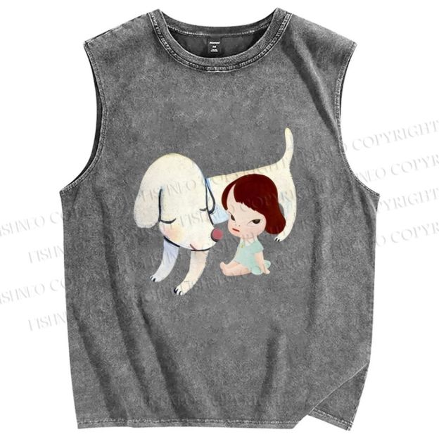Unisex Yoshitomo Nara White Dog Printed Washed Tank Top