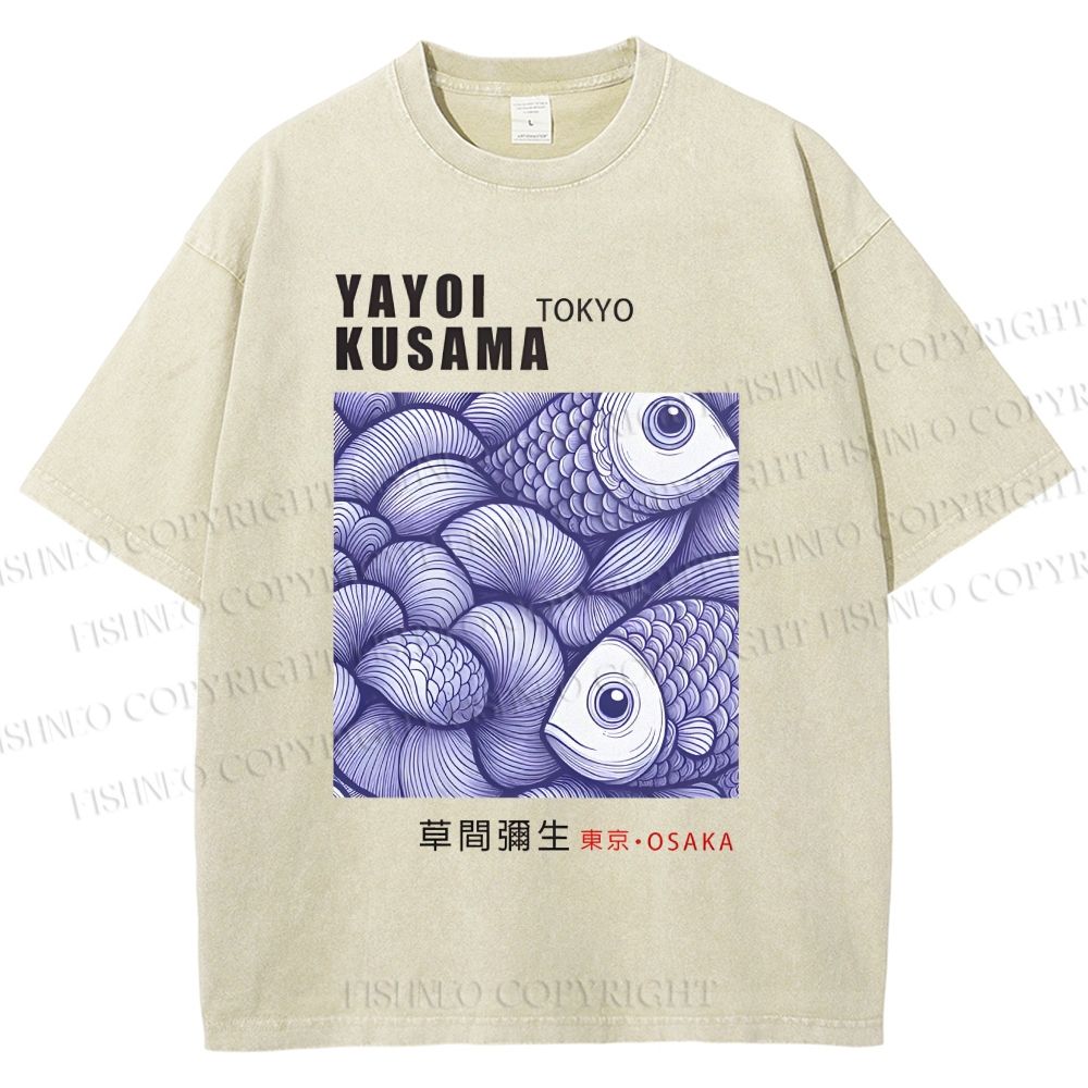 Unisex Yayoi Kusama Vintage Fish Printed Washed Tee