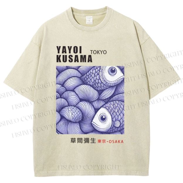Unisex Yayoi Kusama Vintage Fish Printed Washed Tee
