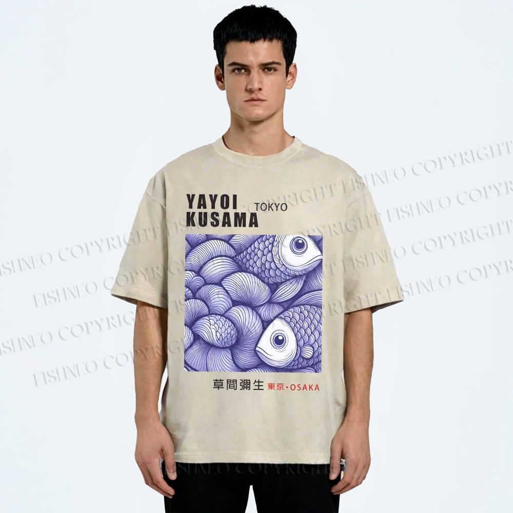 Unisex Yayoi Kusama Vintage Fish Printed Washed Tee