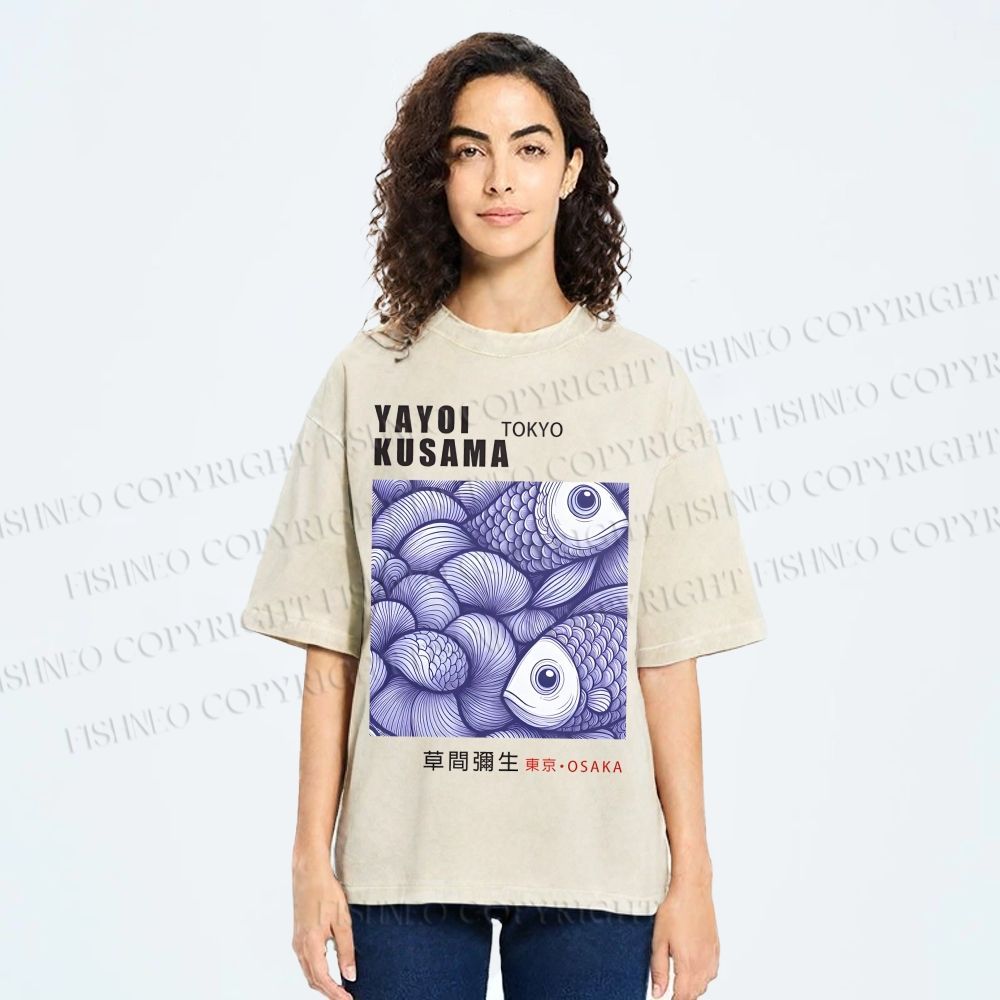 Unisex Yayoi Kusama Vintage Fish Printed Washed Tee