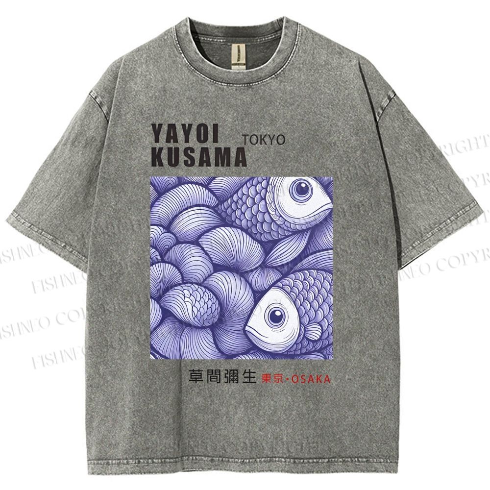 Unisex Yayoi Kusama Vintage Fish Printed Washed Tee
