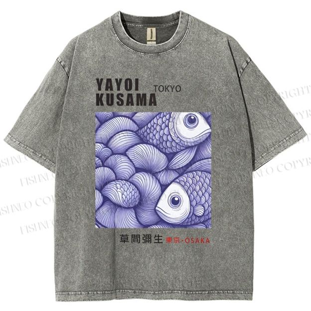Unisex Yayoi Kusama Vintage Fish Printed Washed Tee