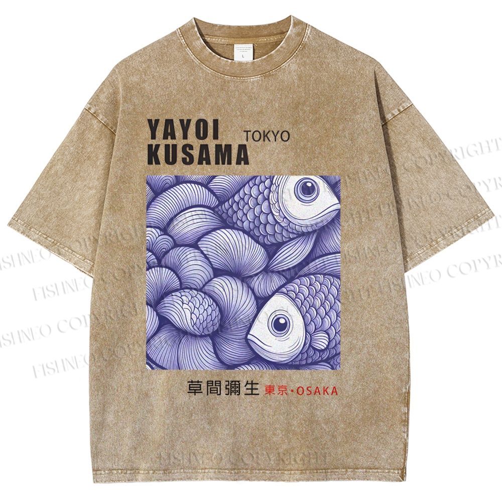Unisex Yayoi Kusama Vintage Fish Printed Washed Tee