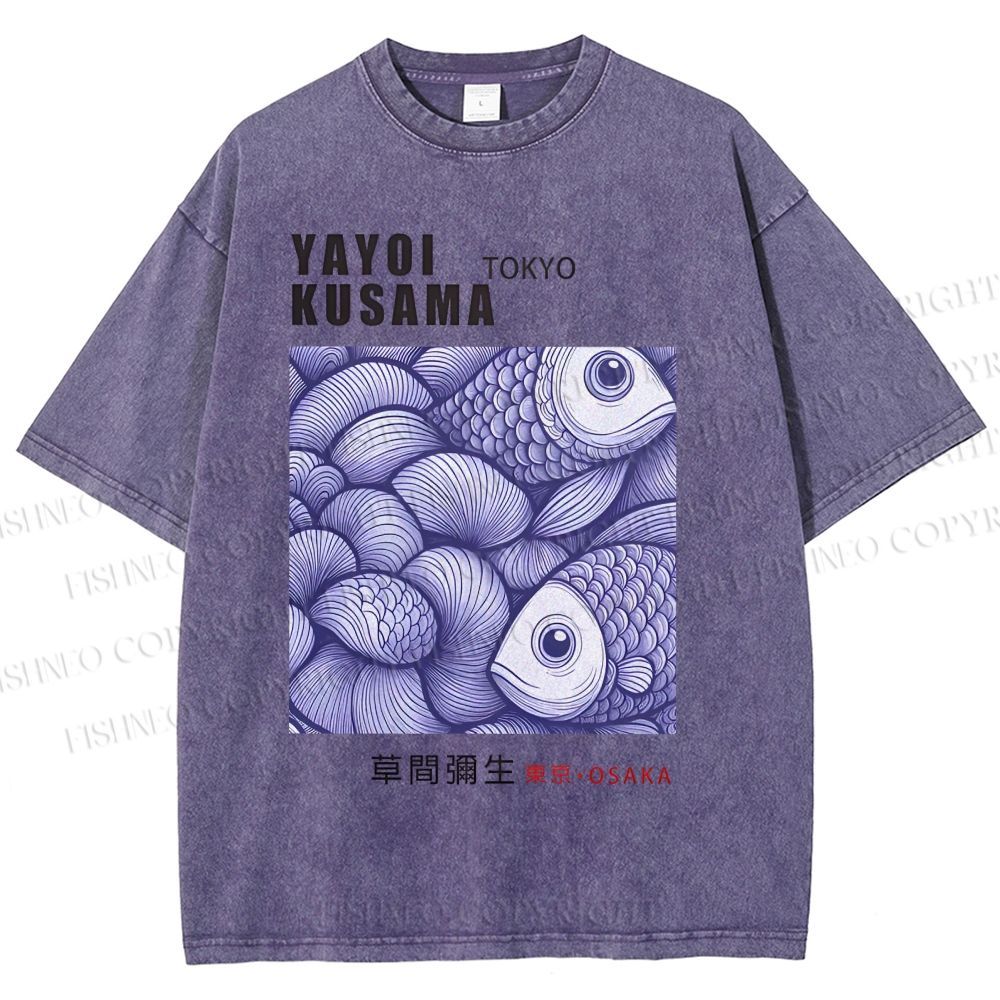 Unisex Yayoi Kusama Vintage Fish Printed Washed Tee