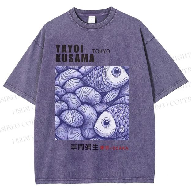 Unisex Yayoi Kusama Vintage Fish Printed Washed Tee