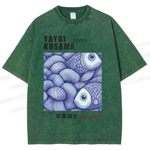 Unisex Yayoi Kusama Vintage Fish Printed Washed Tee