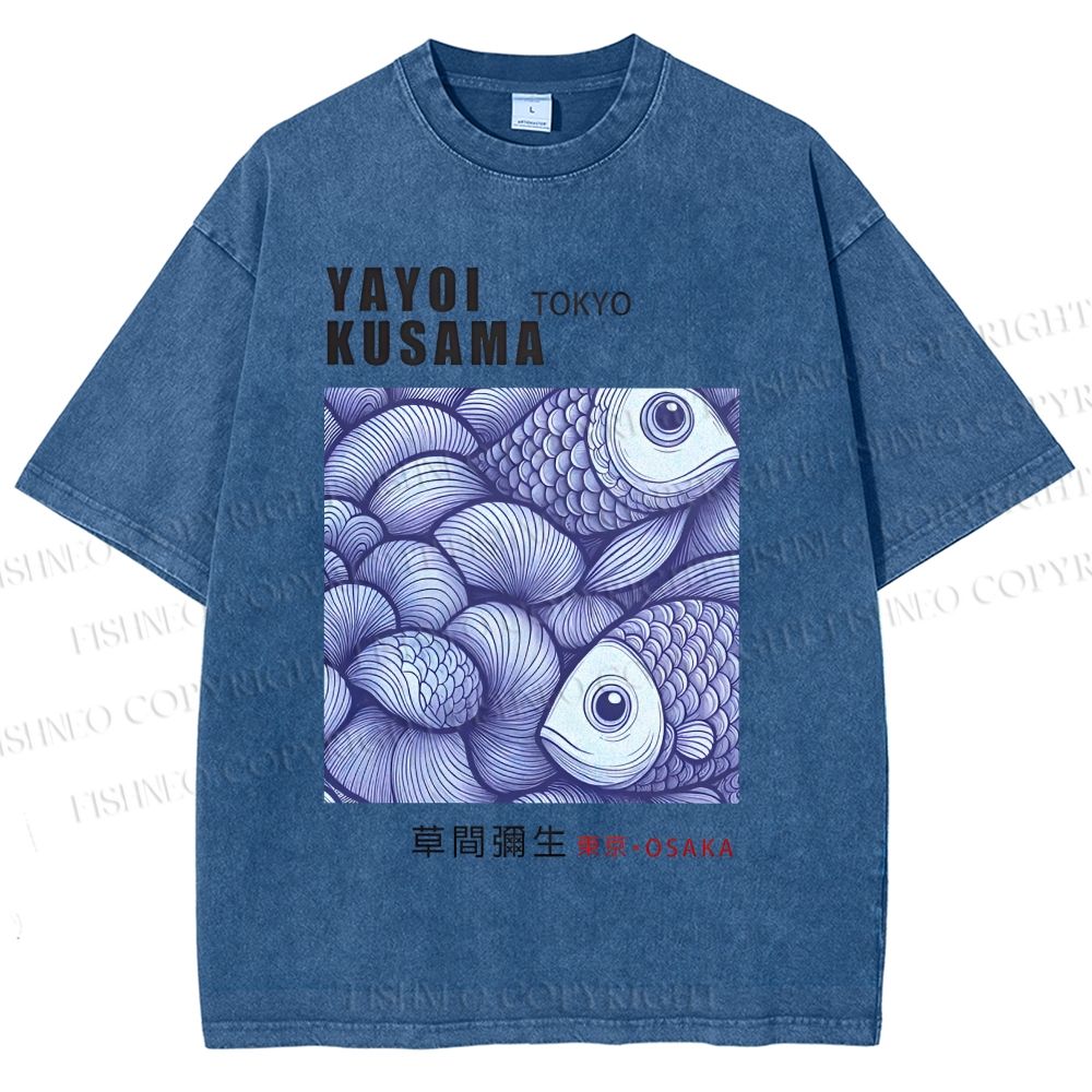 Unisex Yayoi Kusama Vintage Fish Printed Washed Tee