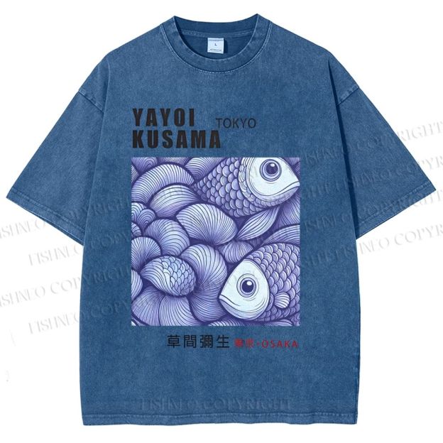 Unisex Yayoi Kusama Vintage Fish Printed Washed Tee