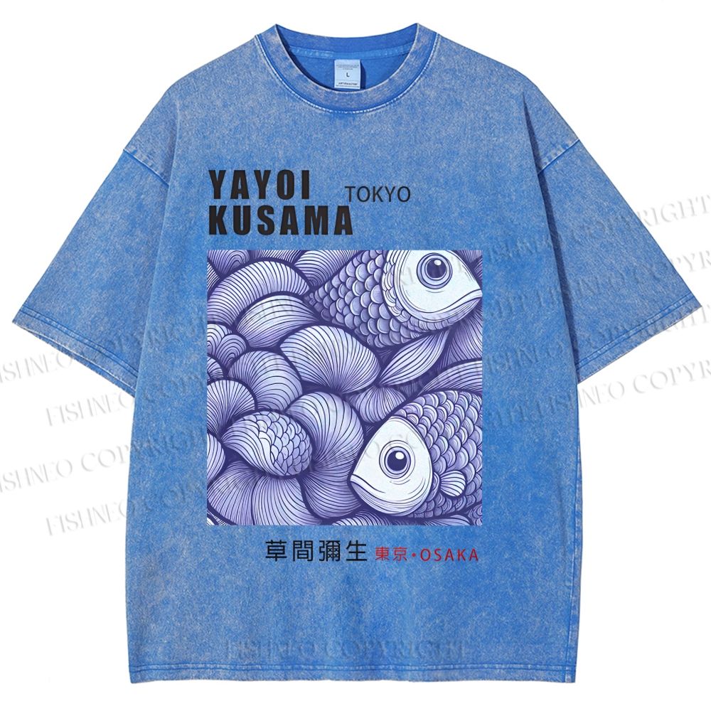 Unisex Yayoi Kusama Vintage Fish Printed Washed Tee