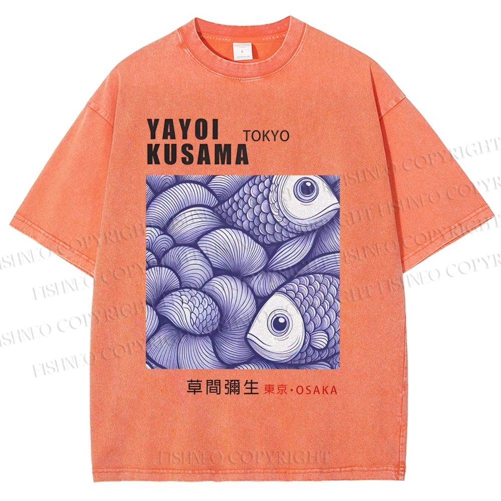 Unisex Yayoi Kusama Vintage Fish Printed Washed Tee
