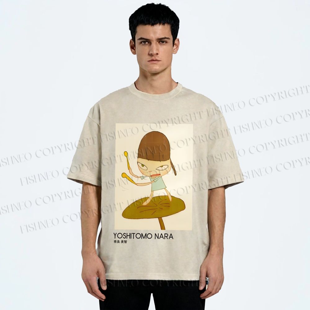 Unisex Yoshitomo Nara Girl On A Lotus Leaf Printed Washed Tee