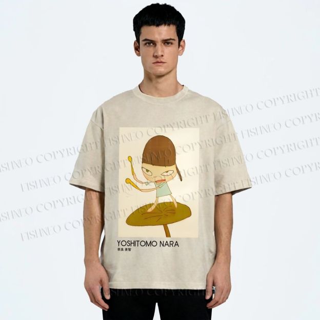 Unisex Yoshitomo Nara Girl On A Lotus Leaf Printed Washed Tee