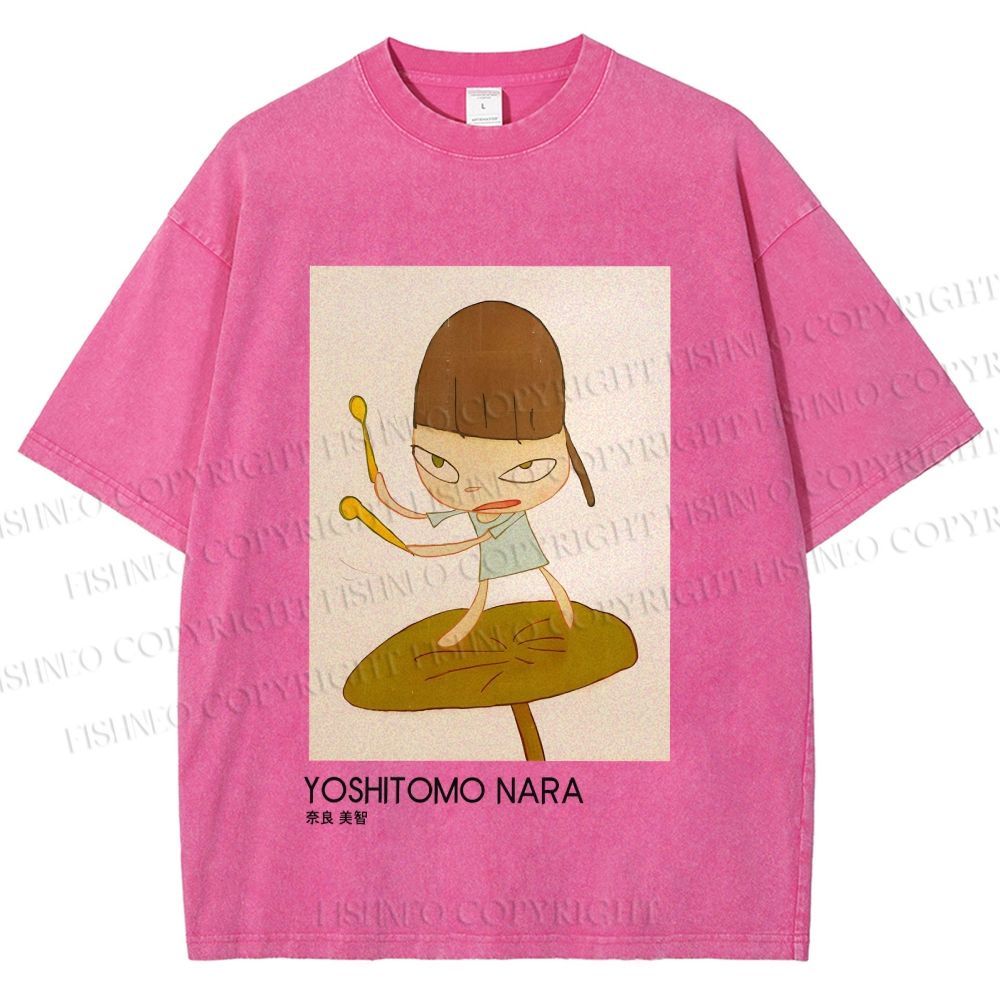 Unisex Yoshitomo Nara Girl On A Lotus Leaf Printed Washed Tee