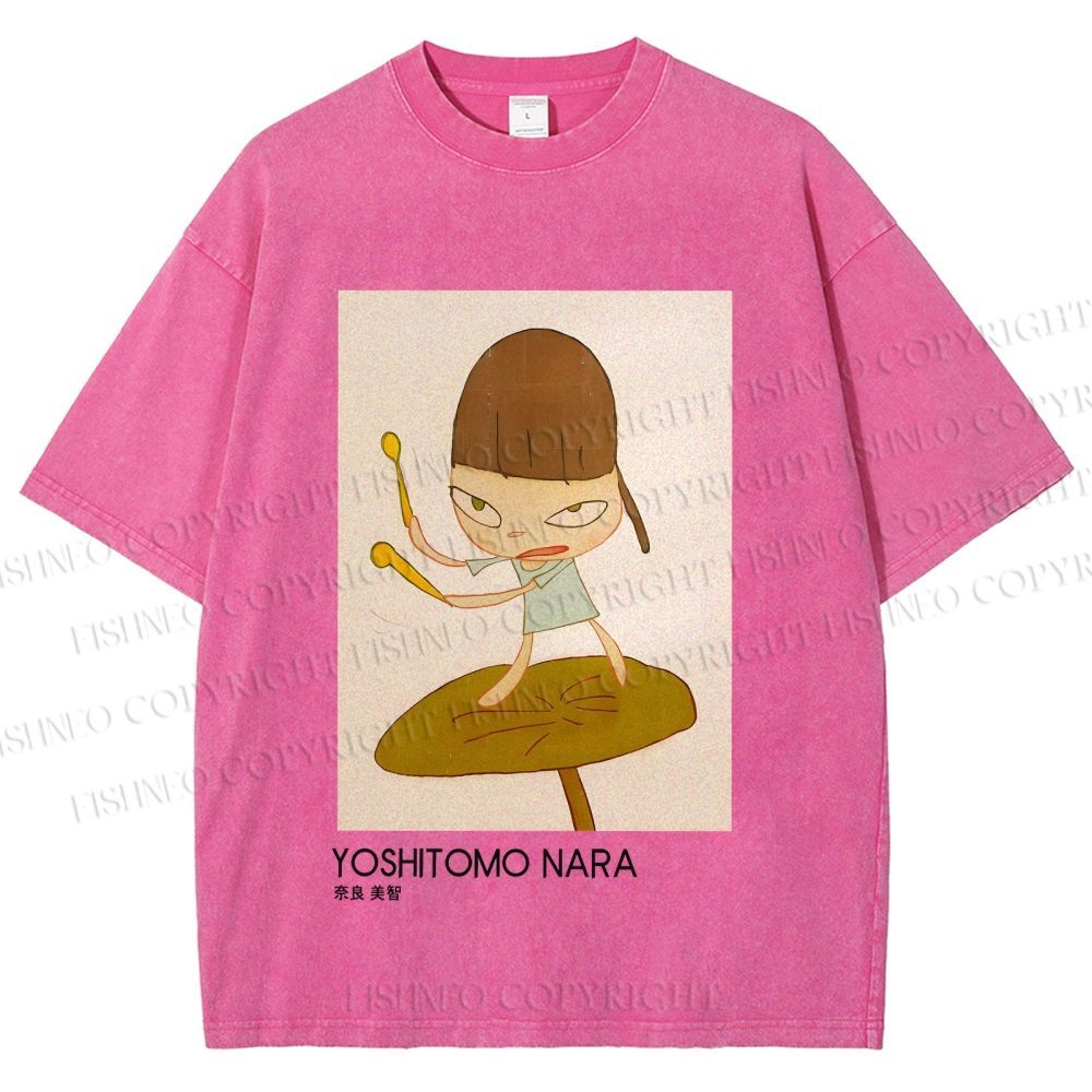 Unisex Yoshitomo Nara Girl On A Lotus Leaf Printed Washed Tee