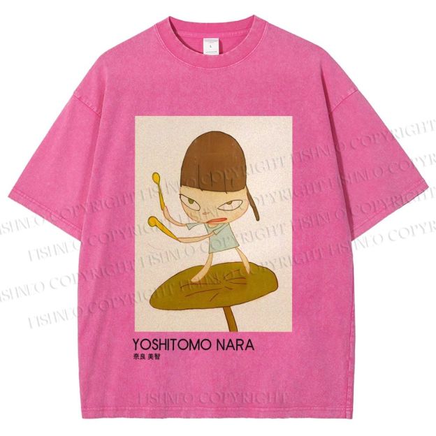 Unisex Yoshitomo Nara Girl On A Lotus Leaf Printed Washed Tee