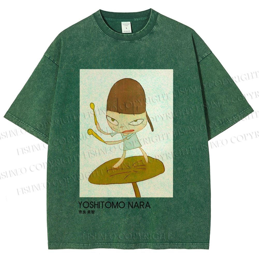 Unisex Yoshitomo Nara Girl On A Lotus Leaf Printed Washed Tee