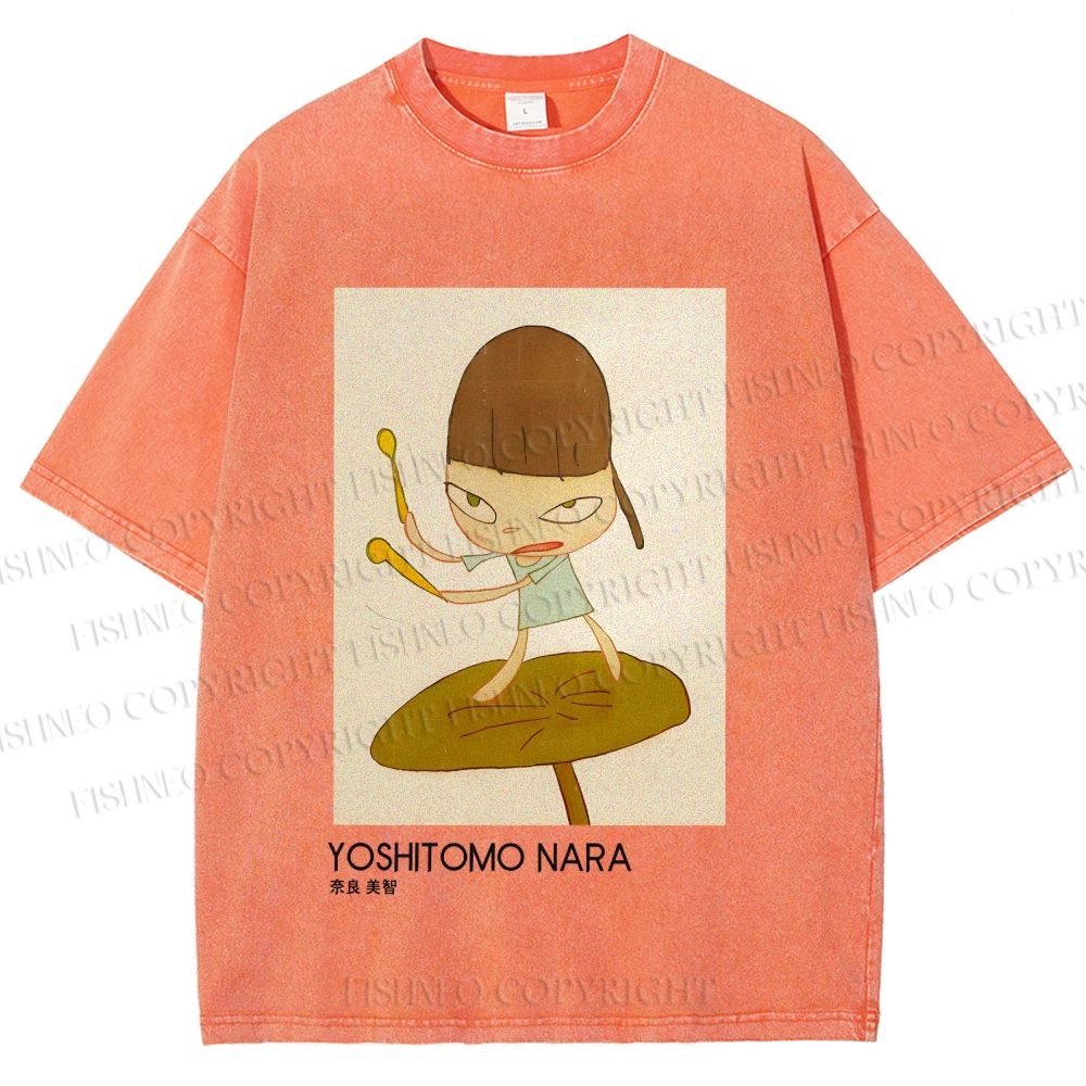 Unisex Yoshitomo Nara Girl On A Lotus Leaf Printed Washed Tee