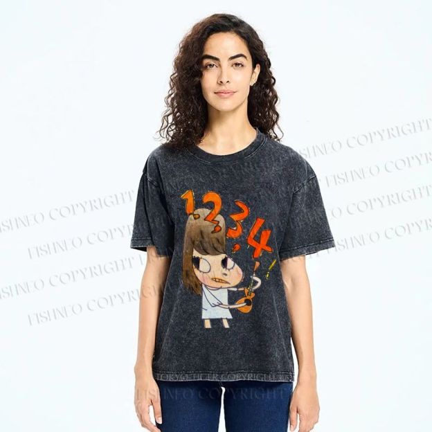 Unisex Yoshitomo Nara Guitar Girl Printed Washed Tee