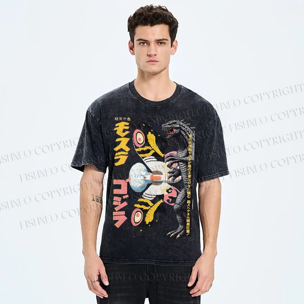 Unisex Vintage Godzilla vs Mothra Poster Printed Washed Tee