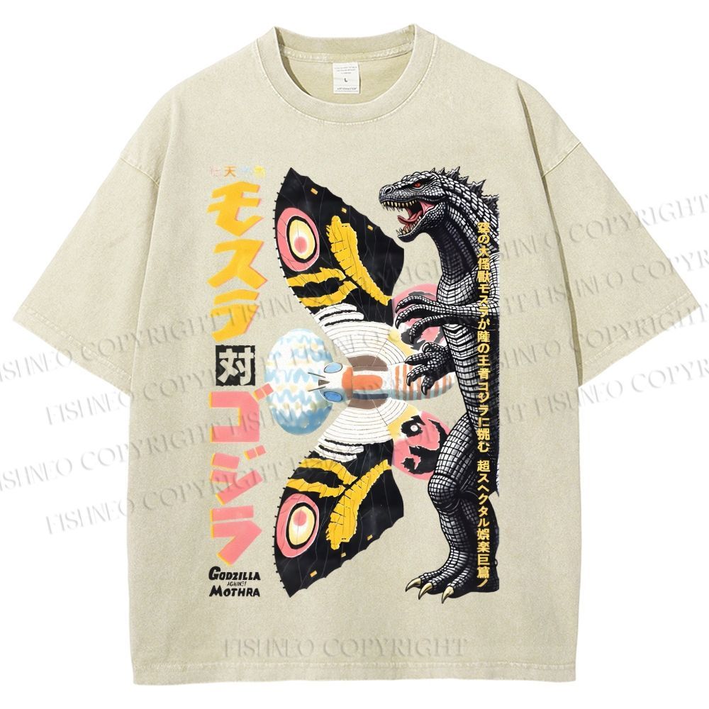 Unisex Vintage Godzilla vs Mothra Poster Printed Washed Tee