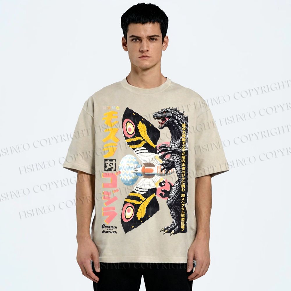 Unisex Vintage Godzilla vs Mothra Poster Printed Washed Tee