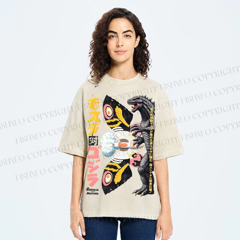 Unisex Vintage Godzilla vs Mothra Poster Printed Washed Tee