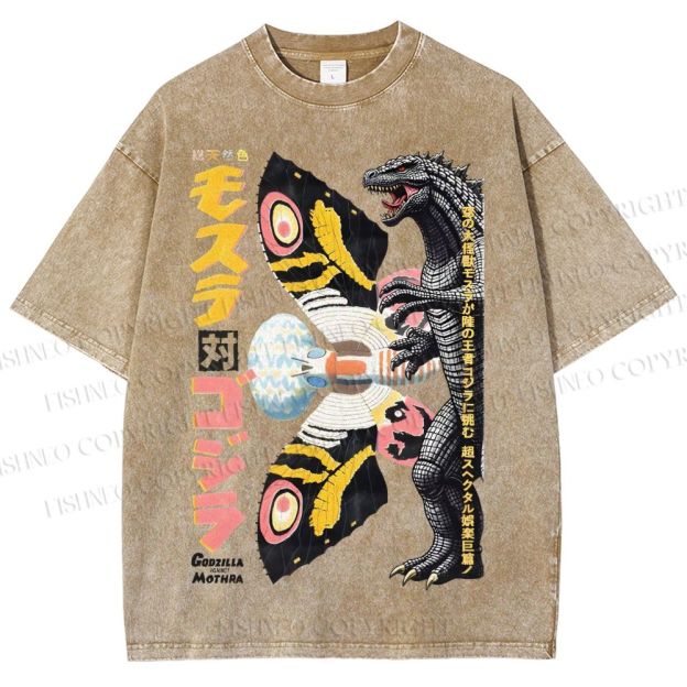 Unisex Vintage Godzilla vs Mothra Poster Printed Washed Tee