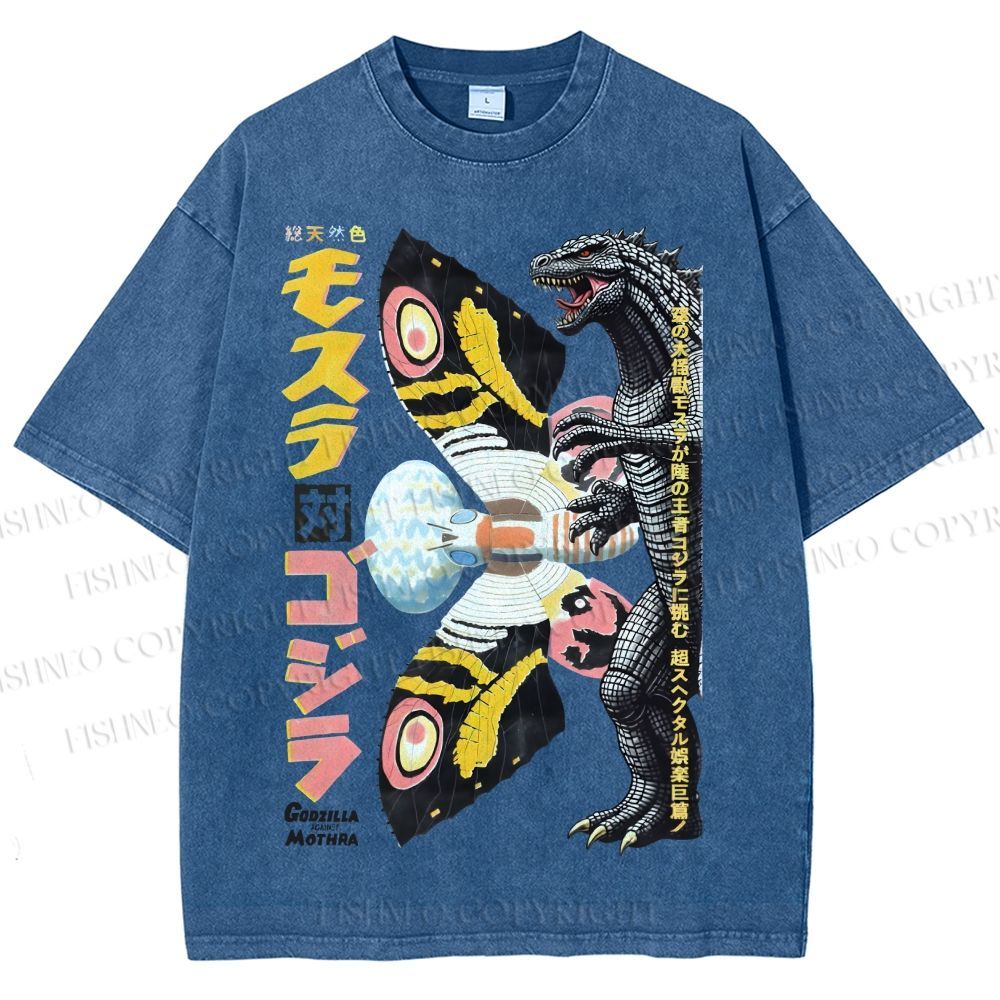 Unisex Vintage Godzilla vs Mothra Poster Printed Washed Tee