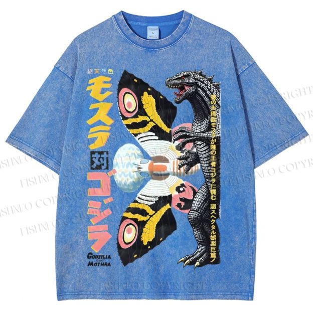 Unisex Vintage Godzilla vs Mothra Poster Printed Washed Tee