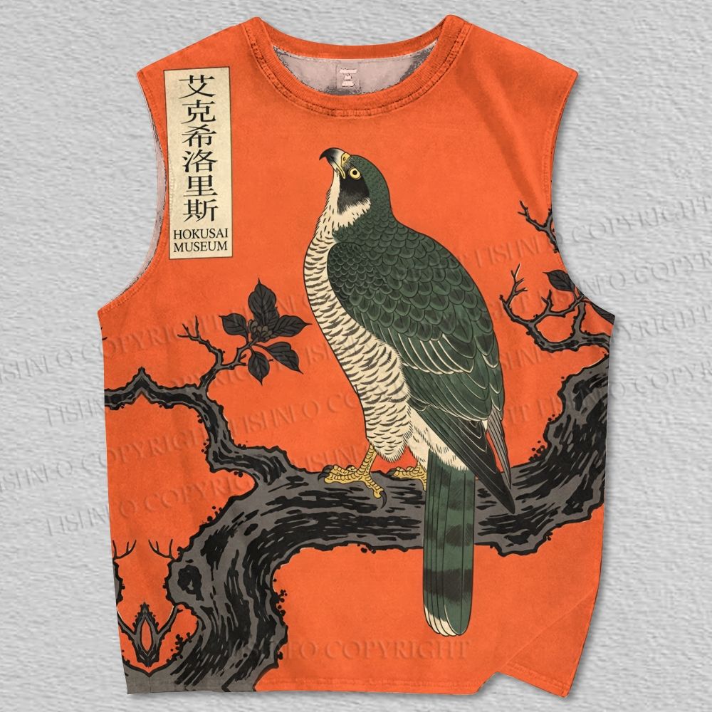 Unisex Japanese Ukiyo-e Bird Printed Tank Top