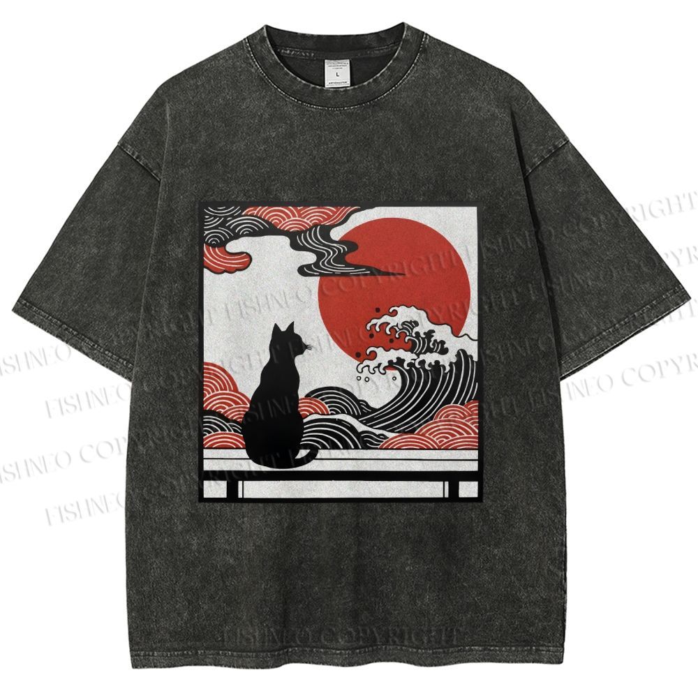 Unisex Japanese Ukiyo-e Wave Black Cat Printed Washed Tee