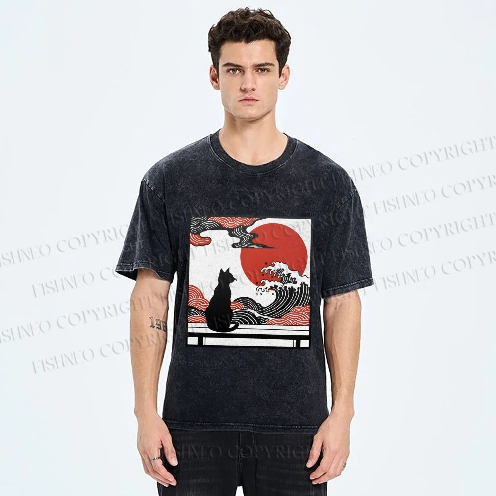 Unisex Japanese Ukiyo-e Wave Black Cat Printed Washed Tee