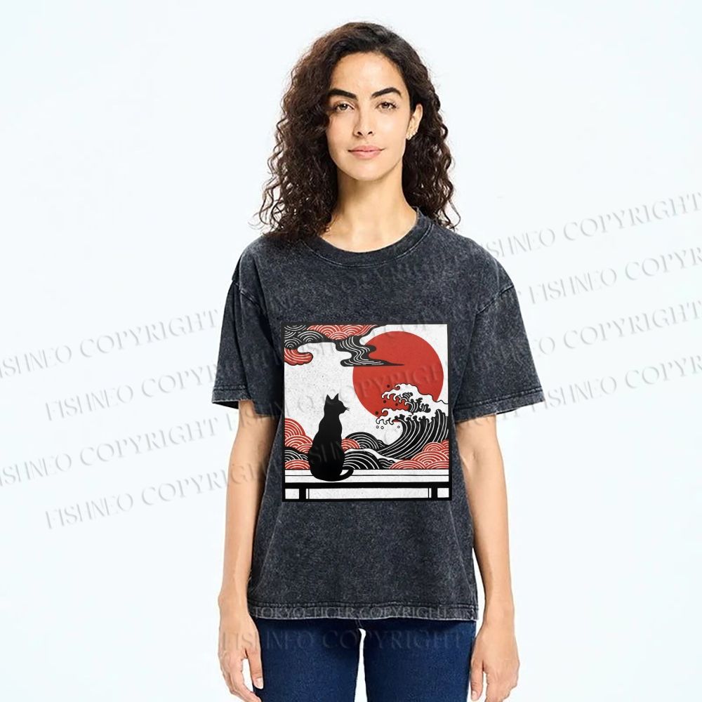 Unisex Japanese Ukiyo-e Wave Black Cat Printed Washed Tee