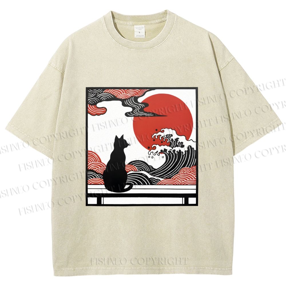 Unisex Japanese Ukiyo-e Wave Black Cat Printed Washed Tee